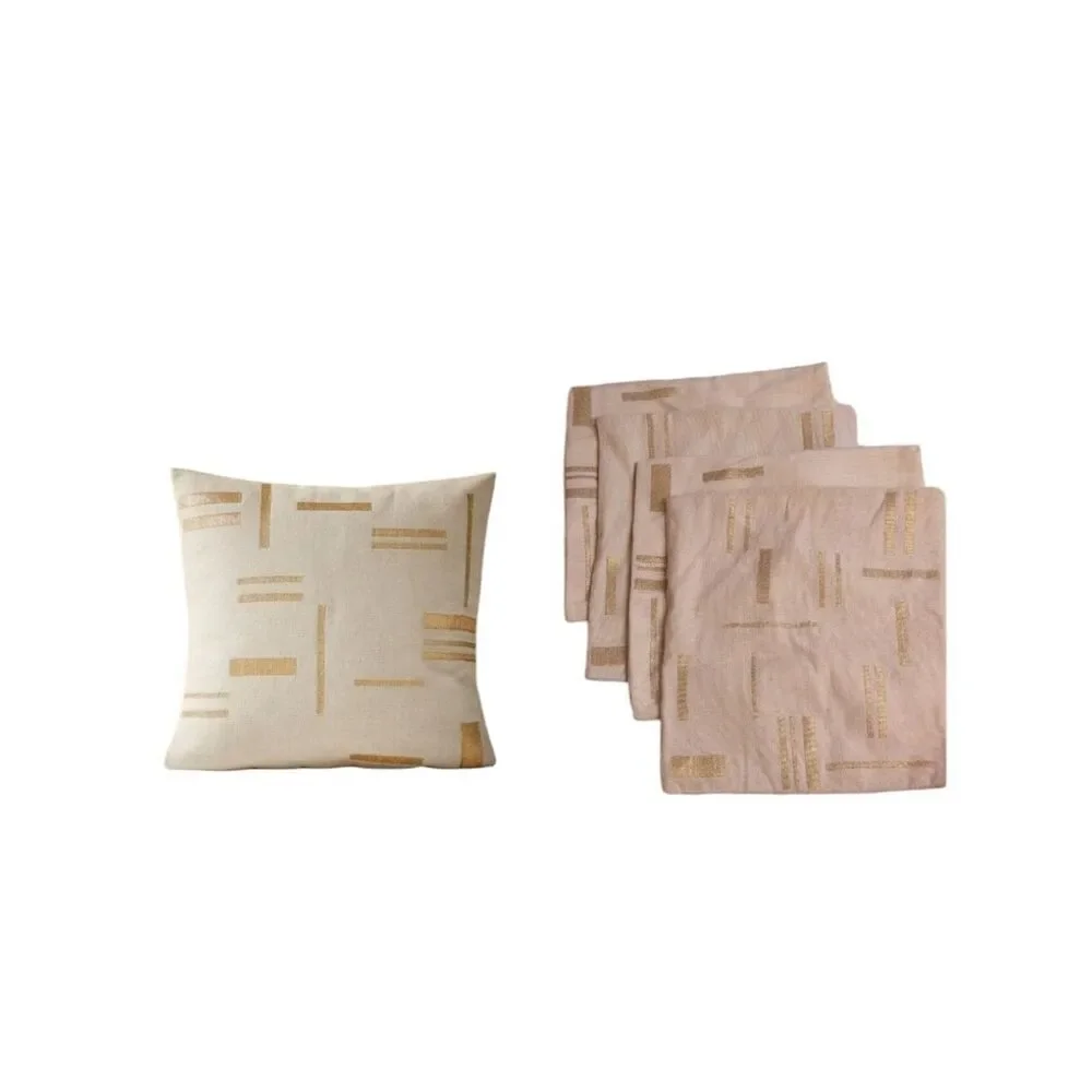 Lot Of 4 West Elm Embroidered Metallic Pillow Cover Belgian Flax Jute Linen Gold